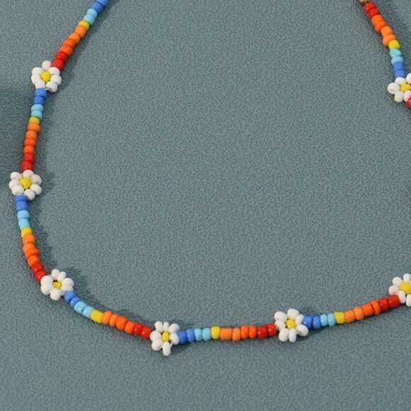 Rainbow Beaded White Daisy Choker Necklace - Picture 4 of 9